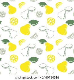 Seamless pattern with pears and lemons on a white background. Healthy food wallpaper. Fresh summer fruits.