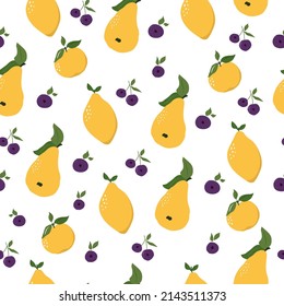 Patrón sin mar con peras, limones, melocotones, arándanos sobre fondo blanco. Ilustración colorida dibujada a mano, diseño.