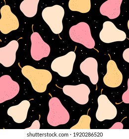 Seamless pattern with pears on black background. Hand drawn vector illustration. Texture for print, textile, packaging.