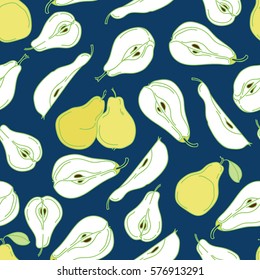  Seamless pattern with pears on a blue background.   Cut in half and whole pear in a chaotic manner.