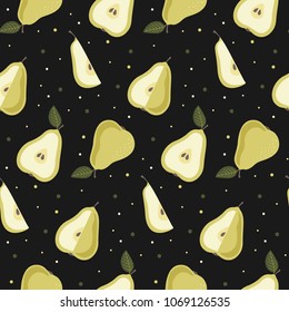 Seamless pattern with pears on dark background. Vector print for fabric, wrapping, textile, wallpaper.