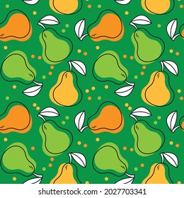 Seamless pattern with pears on a green background. Yellow, green and orange pears with black strokes are hand-drawn in a joyful kitchen style. Vector pattern with fruits for textiles and menu.