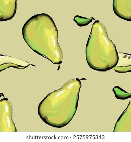 Seamless pattern with pears painted with oil. Hand draw. Vector with texture. Abstrakt and artistic.