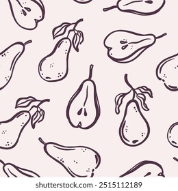 Seamless pattern of pears and pear slices on beige background. Hand-drawn black line art. Cozy fall. Fruit harvest and organic food concept. Vector autumn design