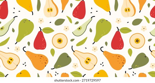Padrão sem emenda com peras, fatias de peras e folhas. Design de frutas frescas para temas de alimentos, cozinha e embalagem. Moderna ilustração vetorial no fundo claro, desenhado à mão, plano