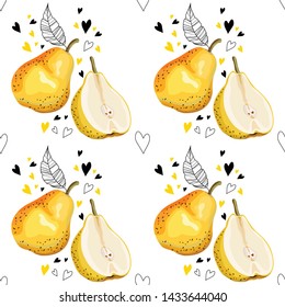 Seamless pattern with pears. Ripe and yellow pears on a white background. Vector illustration.