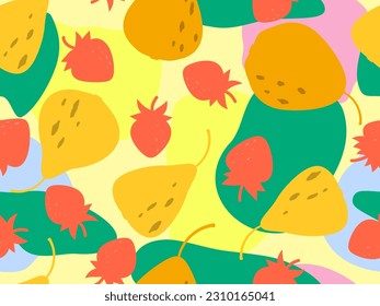 Seamless pattern with pears and strawberries on a colorful background. Summer fruit mix in a minimalist style. Wrapper design, printing on paper, banners. Vector illustration