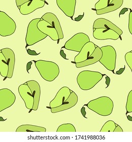 Seamless pattern with pears. Vector illustration with pears on a green background. Design of packaging paper, fabrics, clothing, postcards, Wallpaper. Doodle style. Fruit pattern.