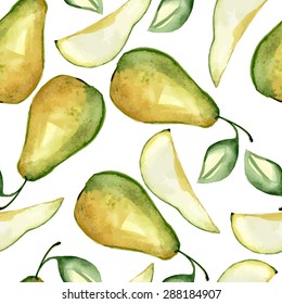 Seamless pattern with pears. Watercolor hand drawing. Vector illustration