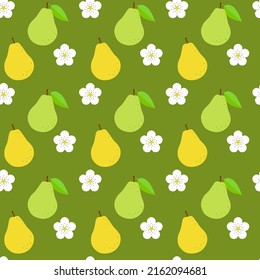 Seamless pattern of pears and white pear flowers on green background