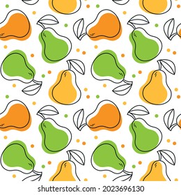 Seamless pattern with pears. Yellow, green and orange pears with black line strokes on a white background. Vector pattern with fruits. Suitable for packaging and site decoration.