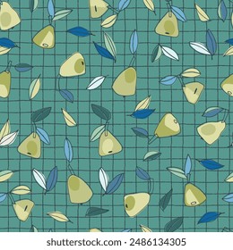 Seamless pattern with pearss for textile, home decor, visual communication, content, social media, posters, illustrations against a thin checkered background. Healthy foods, veganism theme