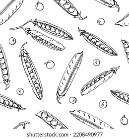 Seamless pattern with peas pods. Hand drawn vector illustration. Farm market product, vegetable.