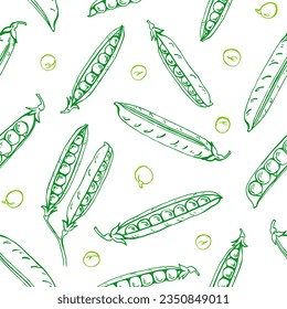 Seamless pattern with peas pods. Hand drawn vector illustration. Farm market product, vegetable.