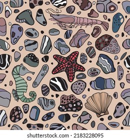 Seamless pattern of pebbles and sea creatures including shrimp, starfish shell and seahorse