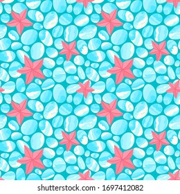 Seamless pattern with pebbles and starfish. Vector marine style background.