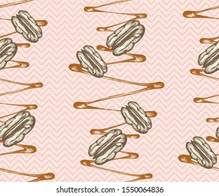 Seamless pattern with pecan nuts and caramel. Hand drawn Vector illustration