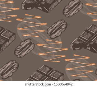 Seamless pattern with pecan nuts and caramel. Hand drawn Vector illustration