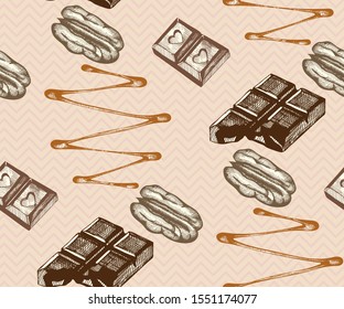 Seamless pattern with pecan nuts and caramel. Hand drawn Vector illustration