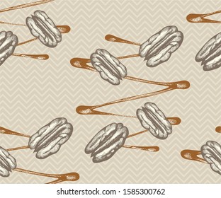 Seamless pattern with pecan nuts and caramel. Hand drawing decorative background. Vector pattern. Print for textile, cloth, wallpaper, scrapbooking