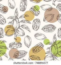 Seamless pattern with pecan: pecan nuts and leaves. Vector hand drawn illustration