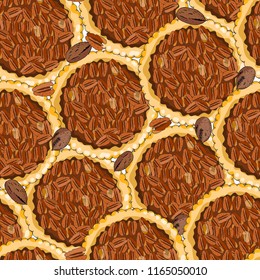 Seamless pattern with pecan pies. The theme of autumn, harvest and thanksgiving.