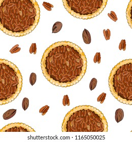 Seamless pattern with pecan pies. The theme of autumn, harvest and thanksgiving.