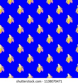 Seamless pattern with peeled banana on electric blue fond