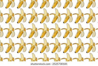 Seamless pattern of peeled bananas and banana slices arranged on a white background. Bright yellow tones and simple design create a playful, fruit-themed repeating pattern.