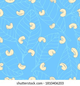 patrón sin fisuras de nueces y hojas de cajú pelado, para adornos, textiles, tela, decoraciones de menú, ilustración del vector de color con líneas de contorno sobre un fondo azul en un estilo dibujado a mano