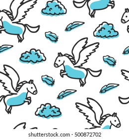 Seamless pattern with pegasus and clouds. Cute little cartoon mythical beast. Yellow griffin with clouds and feathers