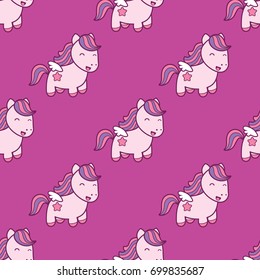Seamless pattern with pegasus in kawaii japanese style isolated on pink background. Can use for birthday card, the childrens menu, packaging, textiles, fabrics, wallpaper. Vector illustration