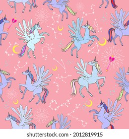 Seamless pattern with pegasus, unicorns, magic wands and constellations