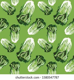 Seamless pattern with peking cabbage. Green cabbage. Wallpaper, print, packaging, paper, advertising material, textile design. Vector illustration.