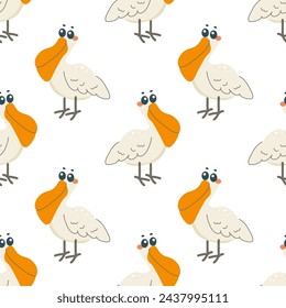 Seamless pattern with pelican bird, on white background, children's pattern, for fabric, wrapping paper, wallpaper 