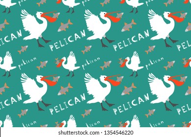 Seamless pattern pelican and fish in scandinavian style, wallpaper, background
