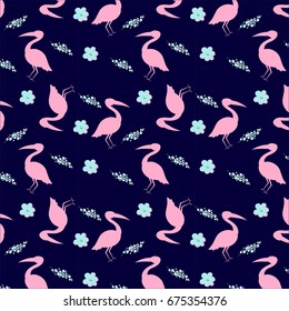 Seamless pattern of a pelican with flowers over dark blue background. Vector illustration