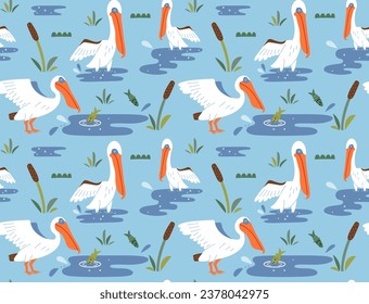 Seamless pattern with pelican, reed and fish. Vector background is perfect for wallpaper and wrapping paper.