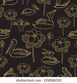 Seamless pattern with pelicans and lotuses are depicted in gold lines on a black background.