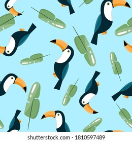seamless pattern with pelicans on a light background with tropical leaves. print for fabric, clothing, wrapping paper, blank note, notebooks. posters for design in tropical style