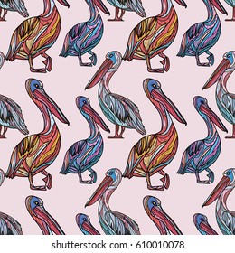 Seamless pattern with pelicans on pink background. Vector illustration.