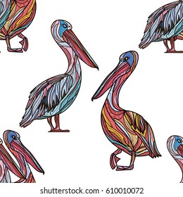 Seamless pattern with pelicans on white background. Vector illustration.