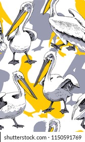 Seamless pattern. Pelicans with a yellow beak on a colored silhouette background. Vector illustration.