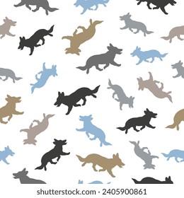 Seamless pattern. Pembroke welsh corgi different sizes and colors isolated on a white background. Endless texture. Pet animals. Design for wallpaper, template, print. Vector illustration.