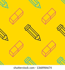 Seamless pattern with pen, eraser line icons. Work tools background, writing illustration. Yellow wallpaper for stationery sale brochure.