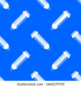 Seamless pattern with pen, eraser vector flat icons. Work tools background, writing illustration. Blue white wallpaper for stationery sale brochure.