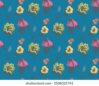 Seamless pattern with pen and ink style drawings of various flowers