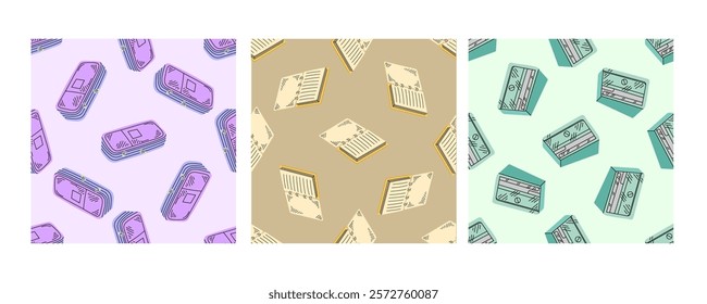 Seamless pattern with pencil cases, notebooks and sharpeners on pastel background

