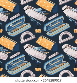 Padrão perfeito com estojos de lápis, canetas, trator e marcadores. Escola e material de escritório Design para impressão de têxteis, papel de parede, papel de embrulho e papelaria. Voltar para Coleções Escolares
