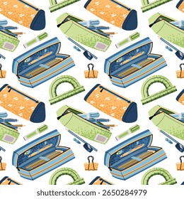 Seamless Pattern with Pencil Cases, Pens, Protractor and Markers. School and Office Supplies Design for Textile Printing, Wallpaper, Wrapping Paper and Stationery. Back to School Collections